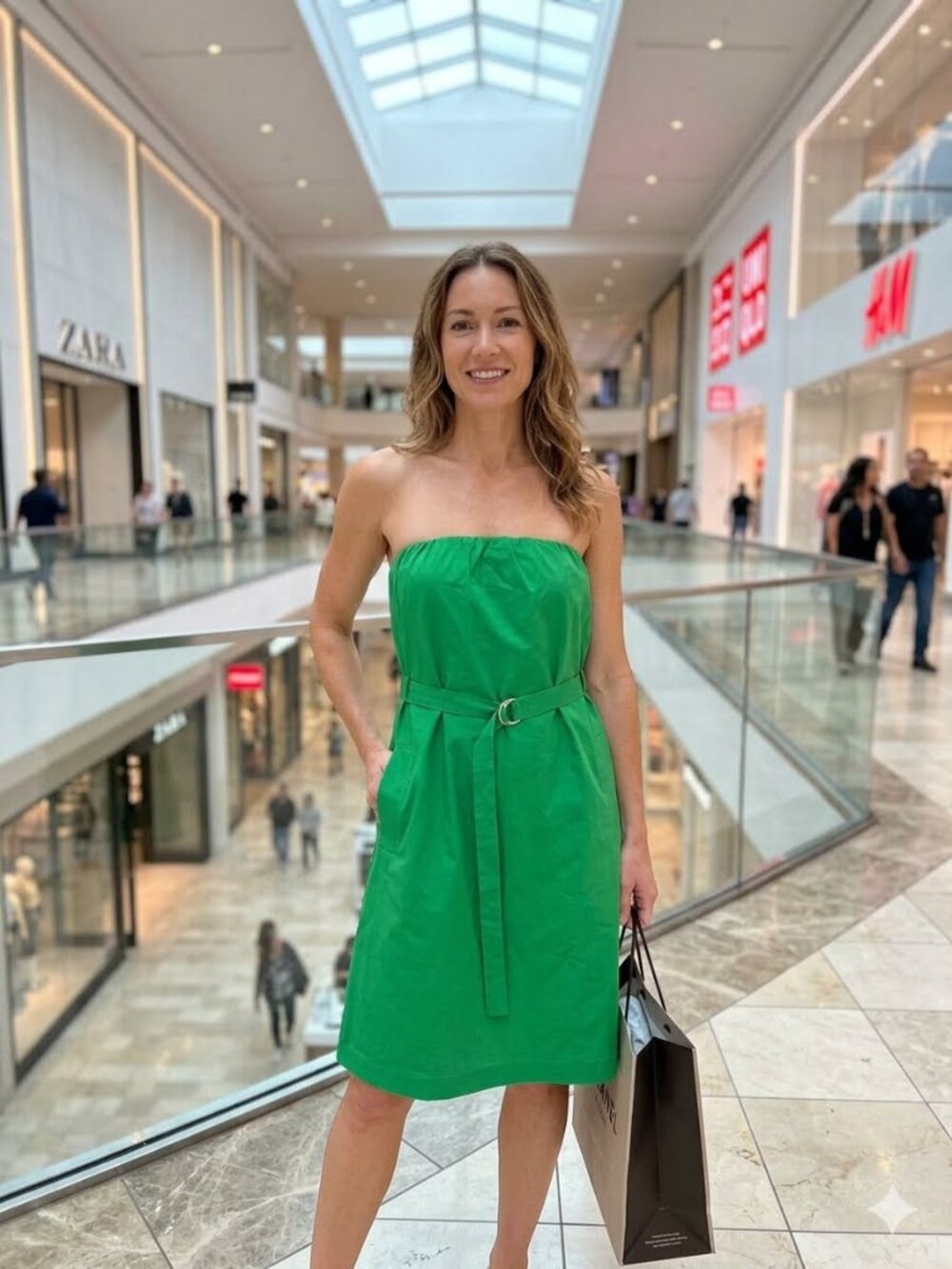 Theory cotton strapless green dress with pockets, size 6